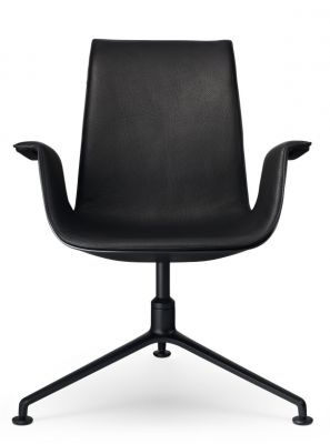 Schwarzer FK Sessel von Walter Knoll mit Lederbezug und Drehfuß, Frontansicht.